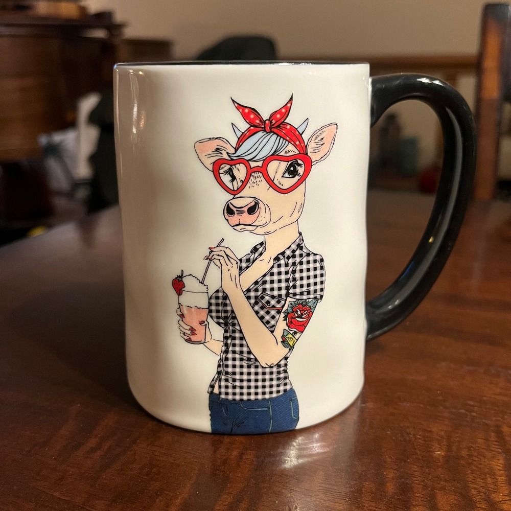 Signature Housewares Cow Graphic Coffee Mug Heart Glasses Red Bandana Tattoo
